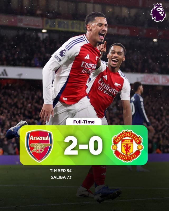 搜狐体育聚合站-【英超】阿森纳2比0曼联，廷伯、萨利巴通过角球破门